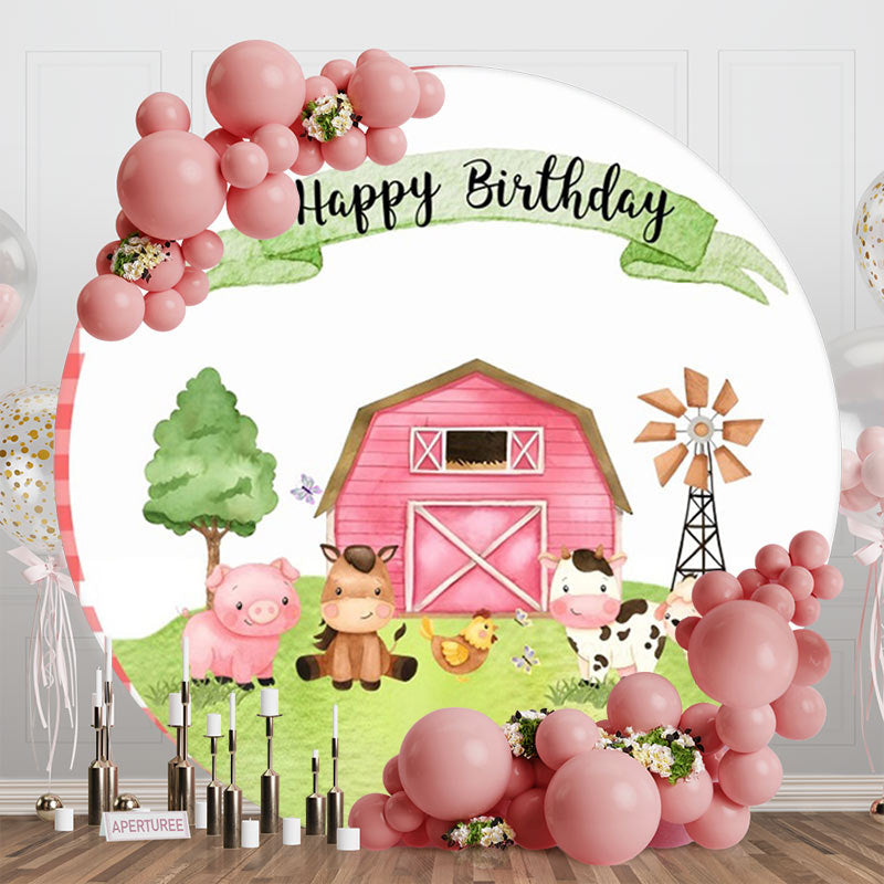 Aperturee - Cartoon Farm Animals Grass Round Birthday Backdrop