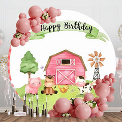 Aperturee - Cartoon Farm Animals Grass Round Birthday Backdrop