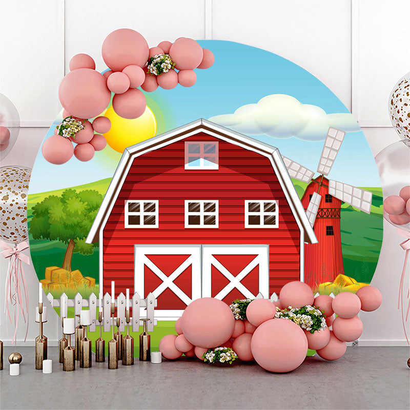 Aperturee Cartoon Farm Red Barn Birthday Party Round Backdrop