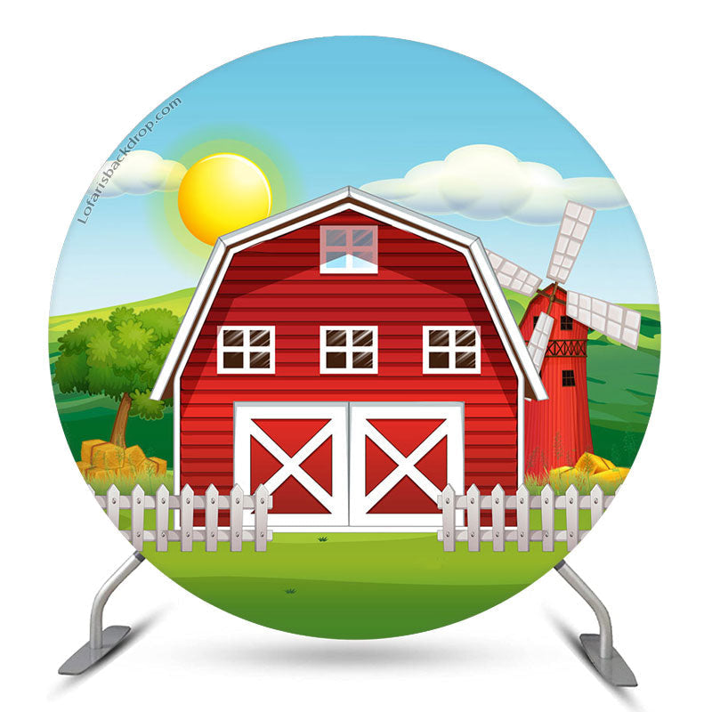 Aperturee Cartoon Farm Red Barn Birthday Party Round Backdrop