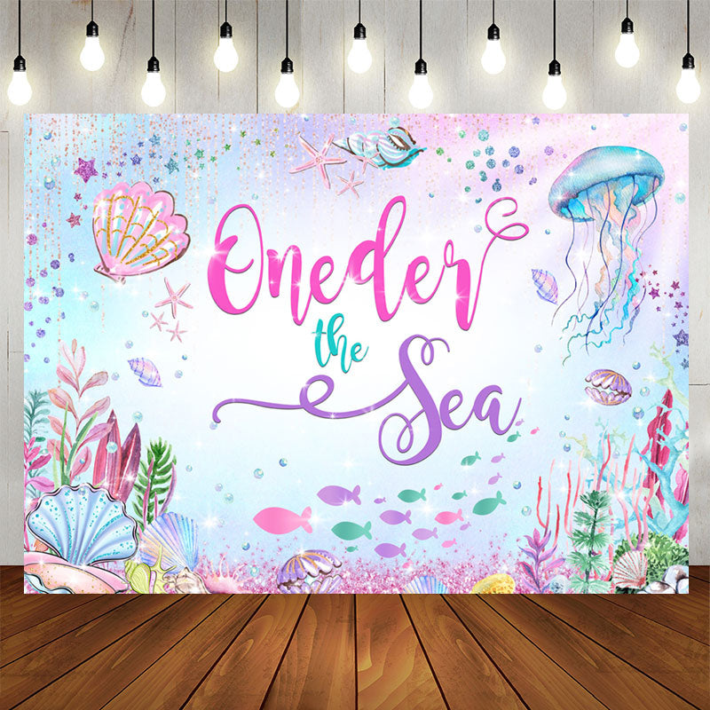 Aperturee - Cartoon Glitter Oneder The Sea Happy Birthday Backdrop