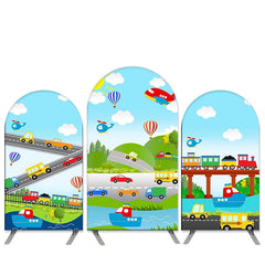 Aperturee Cartoon Highway Theme Sky Blue Birthday Arch Backdrop Kit