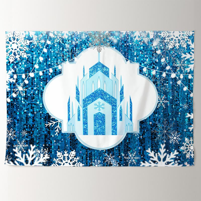 Aperturee - Cartoon Ice Castle Glitter Blue Winter Backdrop