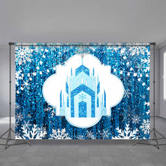 Aperturee - Cartoon Ice Castle Glitter Blue Winter Backdrop