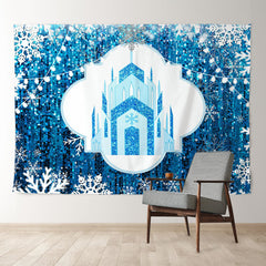 Aperturee - Cartoon Ice Castle Glitter Blue Winter Backdrop