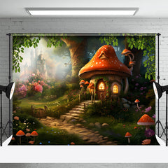 Aperturee - Cartoon Mushroom House Floral Forest Spring Backdrop