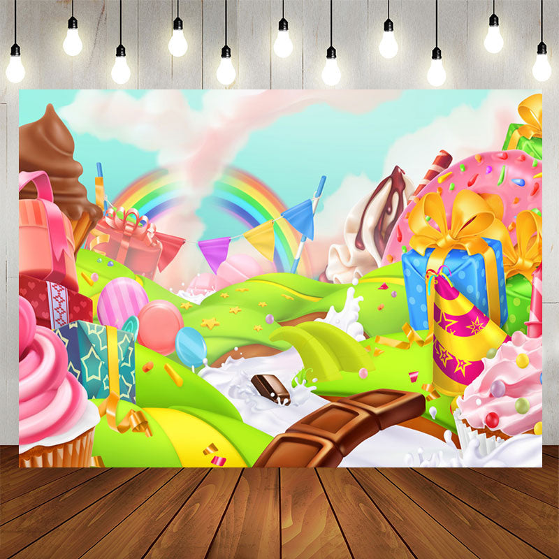 Aperturee - Cartoon Rainbow Dessert Candyland Birthday Backdrop