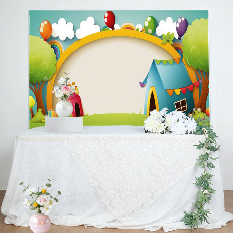 Aperturee - Cartoon Tree House Balloons Backdrop for Birthday