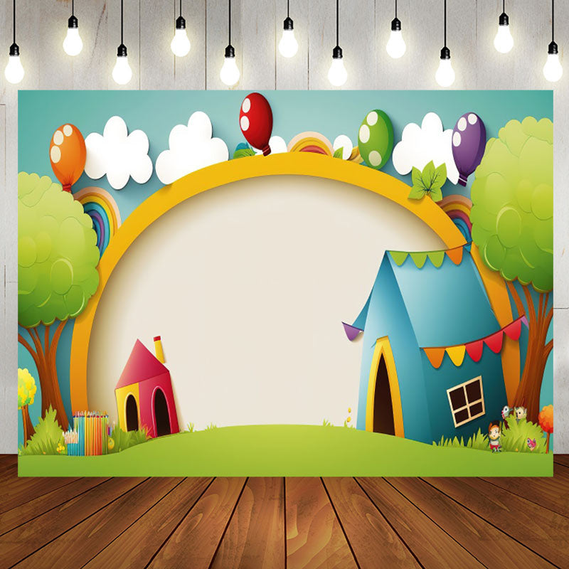 Aperturee - Cartoon Tree House Balloons Backdrop for Birthday