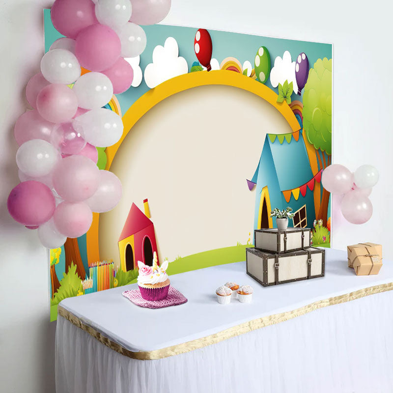 Aperturee - Cartoon Tree House Balloons Backdrop for Birthday