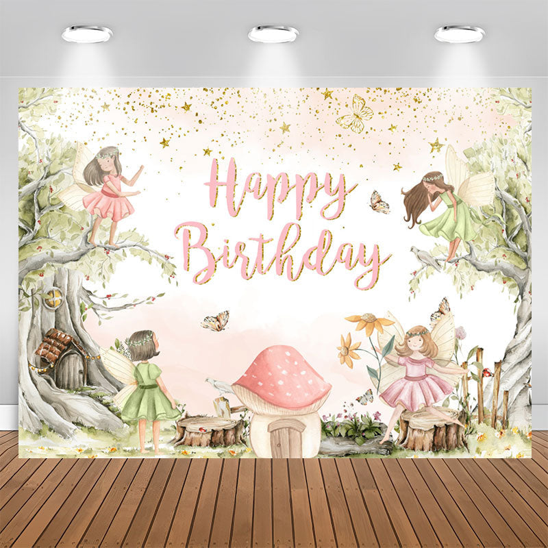 Aperturee - Cartoon Tree Mushroom Elf Birthday Backdrop For Girl