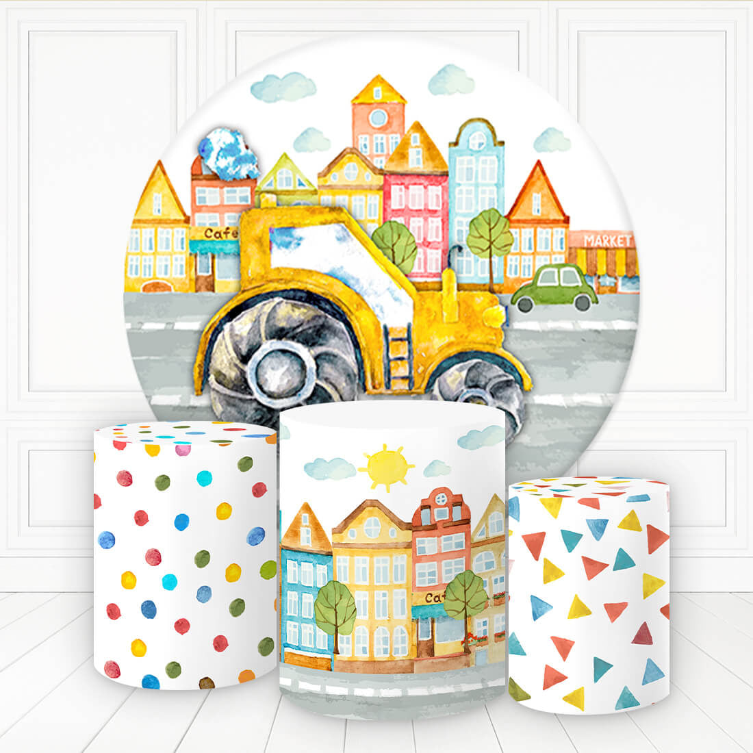 Aperturee Cartoon Truch On The Road Birthday Round Backdrop Kit