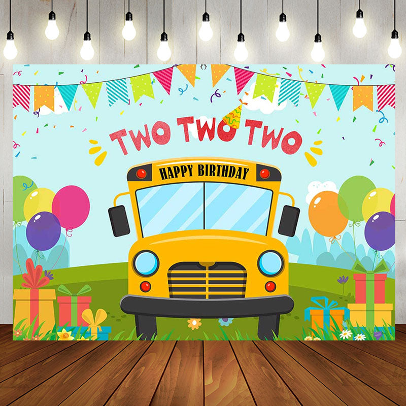 Aperturee - Cartoon Yellow Bus Balloon Gift 2nd Birthday Backdrop