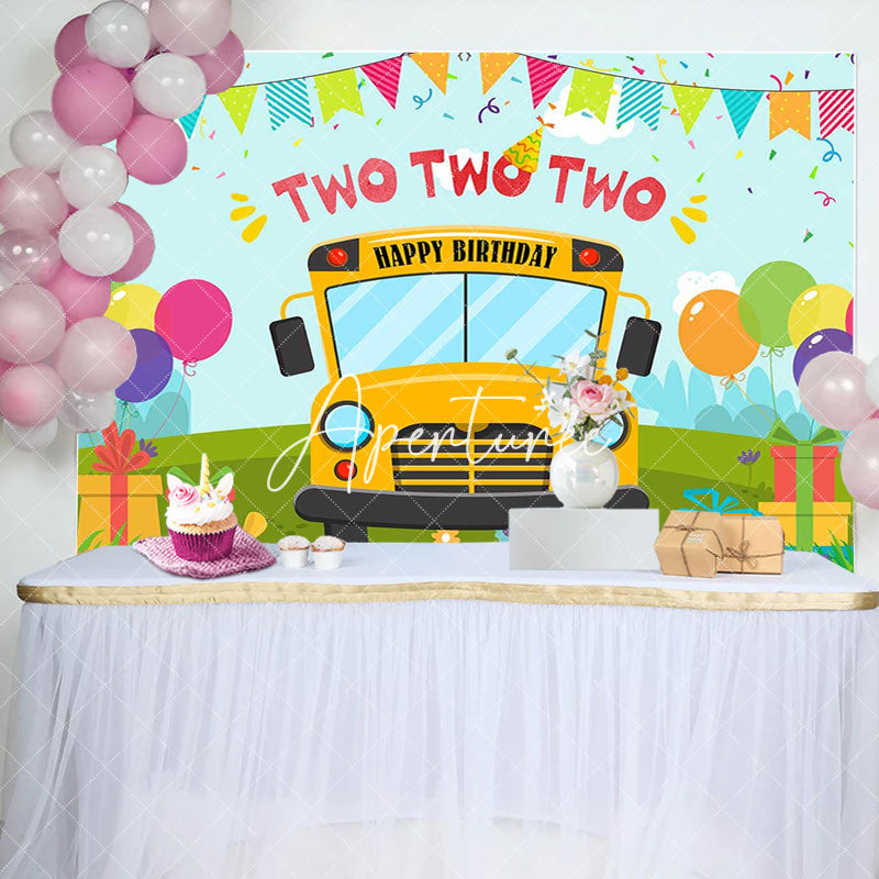 Aperturee - Cartoon Yellow Bus Balloon Gift 2nd Birthday Backdrop