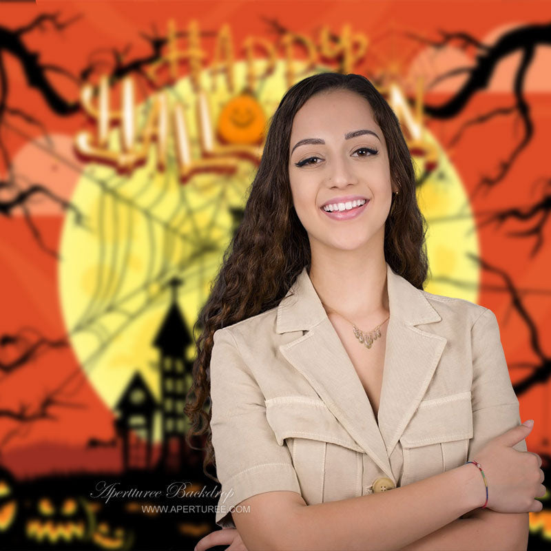 Aperturee - Castle Cat Pumpkin Yellow Moon Halloween Backdrop