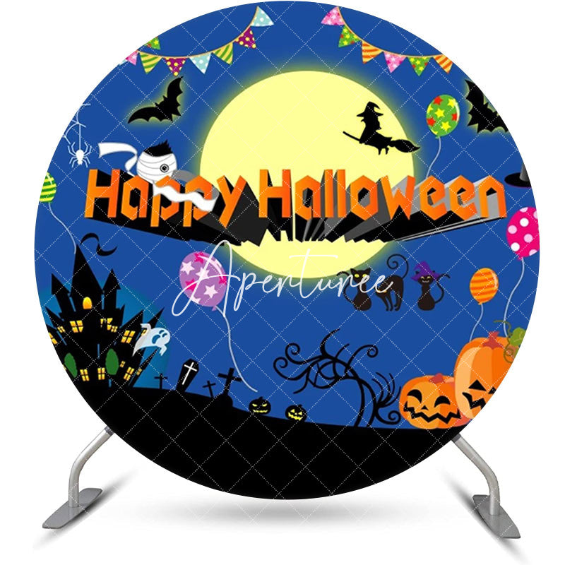 Aperturee - Castle Moon Night Round Happy Halloween Backdrop