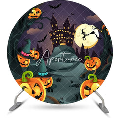 Aperturee - Castle Pumpkins Moon Night Round Halloween Backdrop