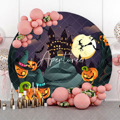 Aperturee - Castle Pumpkins Moon Night Round Halloween Backdrop