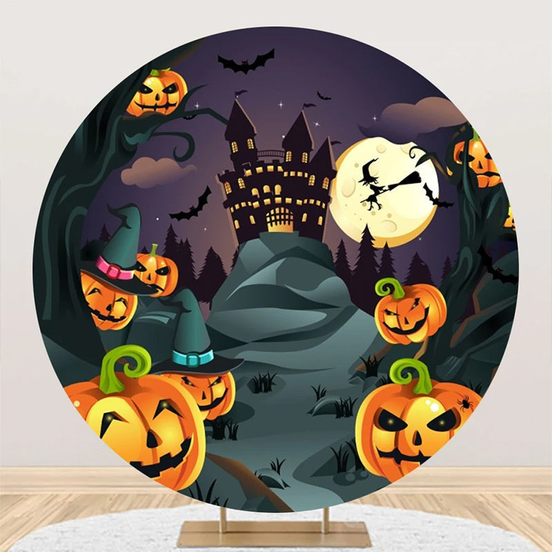 Aperturee - Castle Pumpkins Moon Night Round Halloween Backdrop