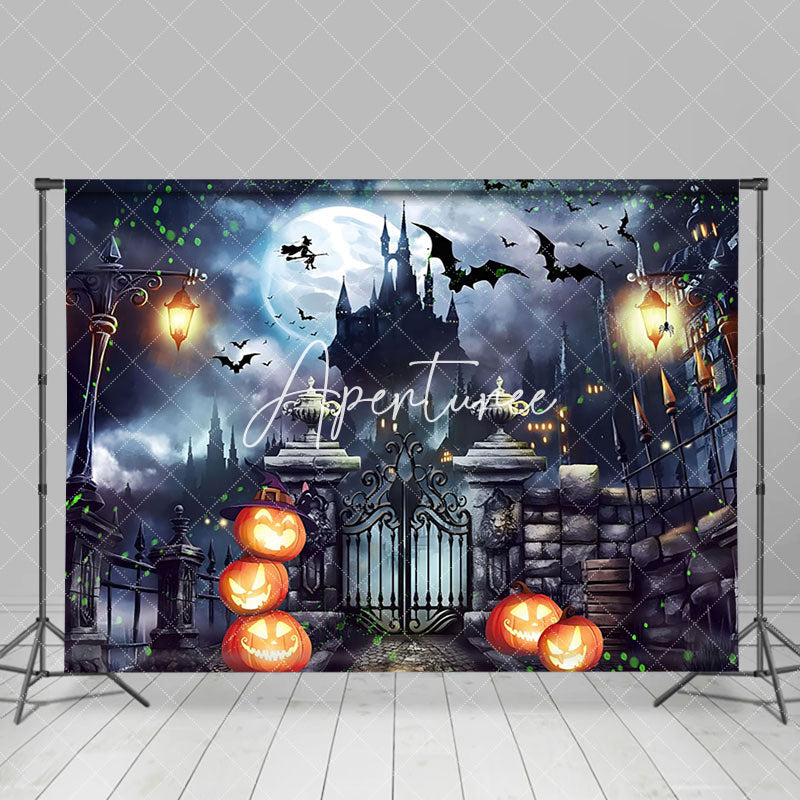 Aperturee - Castle Sparkling Pumpkin Witch Halloween Night Backdrop