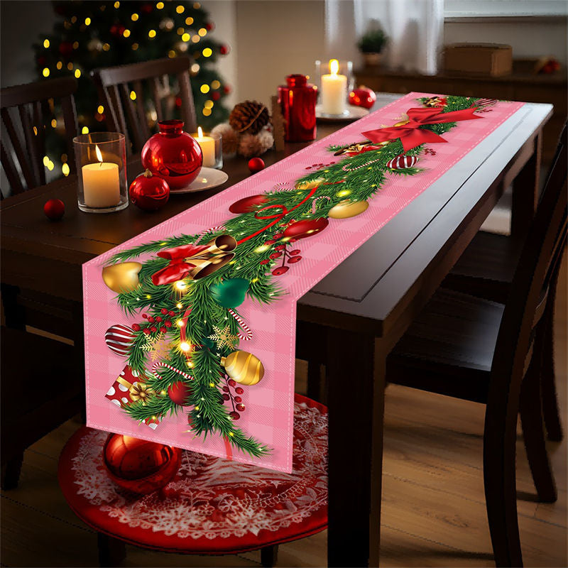 Aperturee - Cedar Bells Balls Pink Plaid Christmas Table Runner