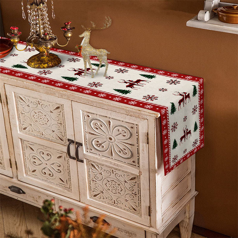 Aperturee - Cedar Elk Snowflake Red Beige Christmas Table Runner