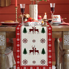 Aperturee - Cedar Elk Snowflake Red Beige Christmas Table Runner