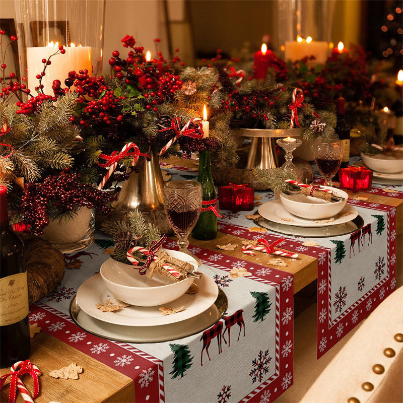 Aperturee - Cedar Elk Snowflake Red Beige Christmas Table Runner