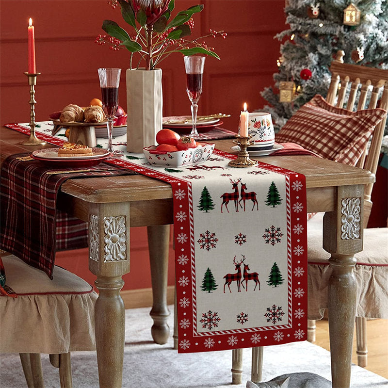 Aperturee - Cedar Elk Snowflake Red Beige Christmas Table Runner