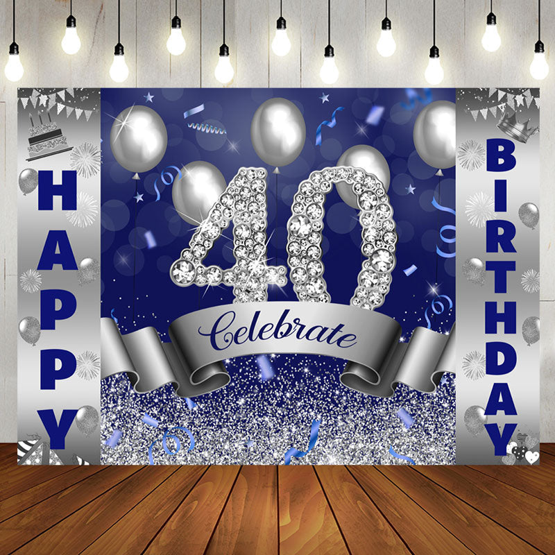 Aperturee - Celebrate Silver Navy Blue 40th Birthday Backdrop