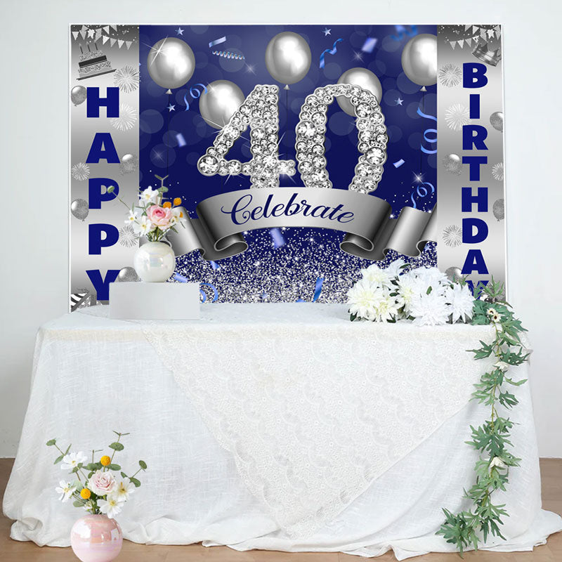 Aperturee - Celebrate Silver Navy Blue 40th Birthday Backdrop