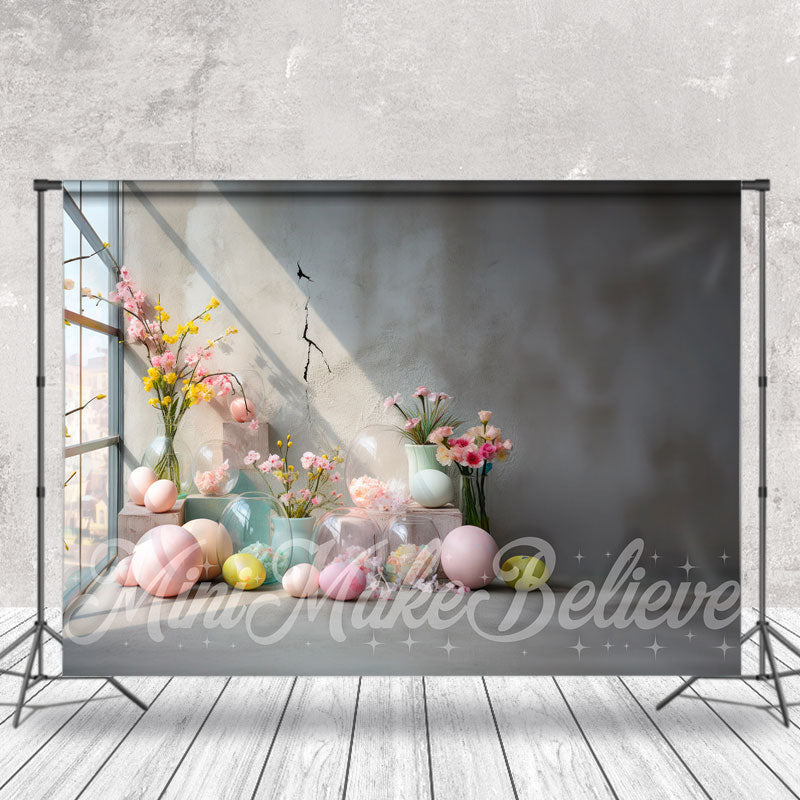 Aperturee - Cement Wall Colorful Floral Eggs Easter Backdrop