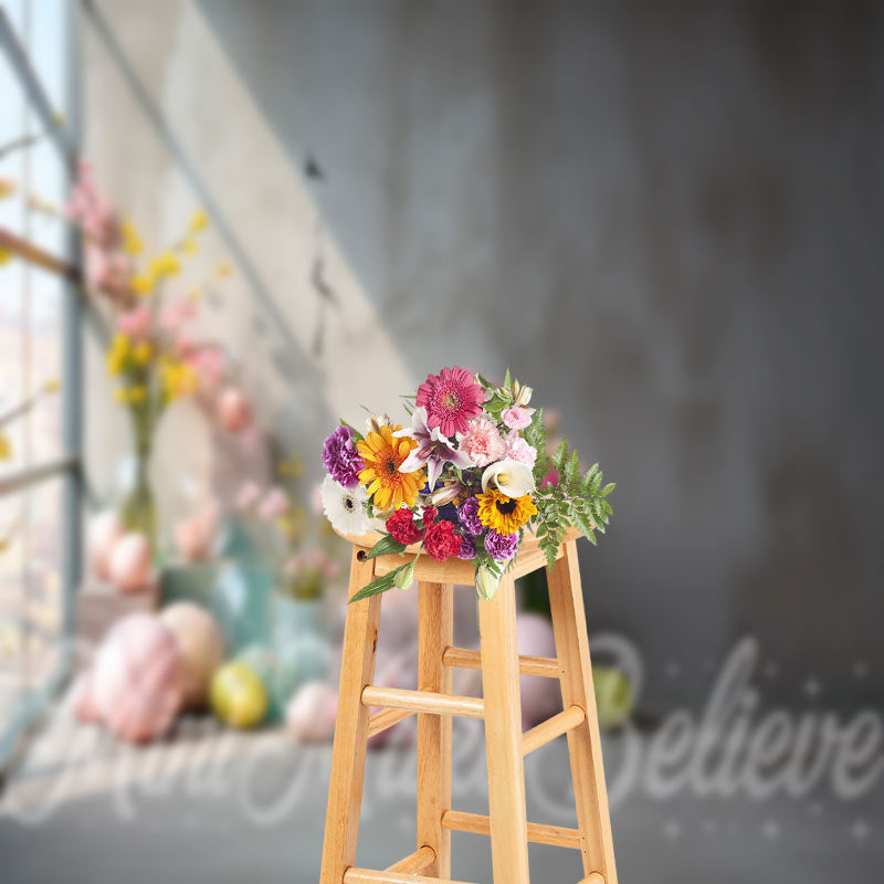 Aperturee - Cement Wall Colorful Floral Eggs Easter Backdrop