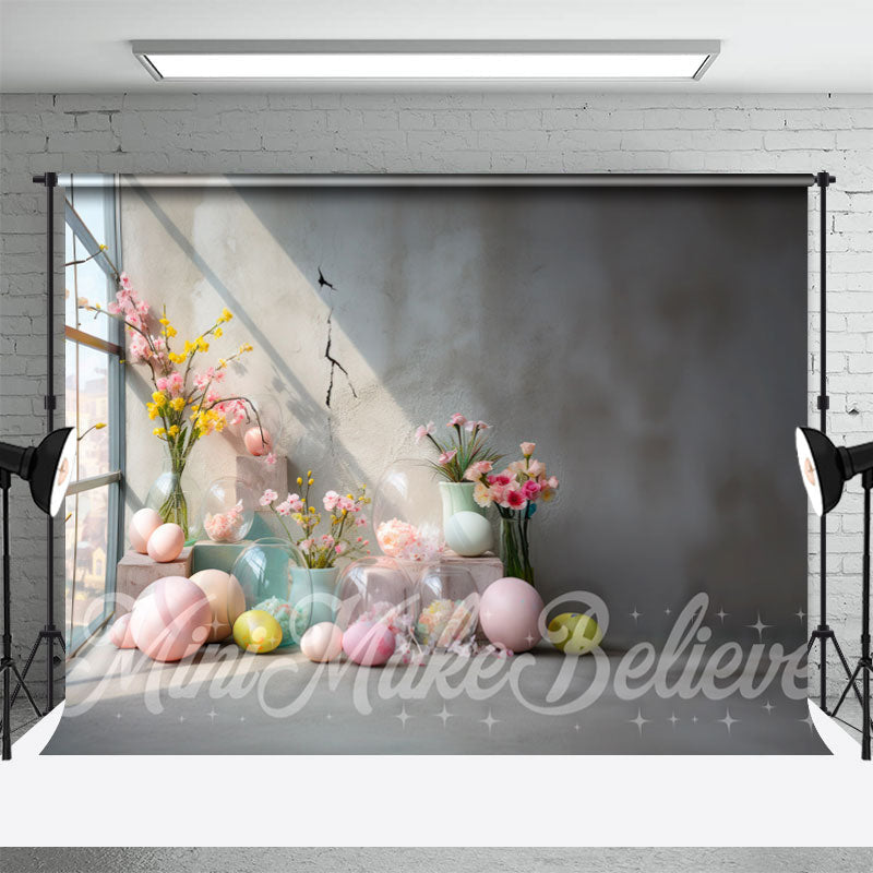 Aperturee - Cement Wall Colorful Floral Eggs Easter Backdrop