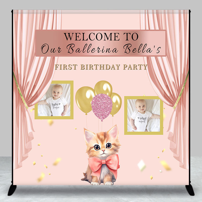 Aperturee - Charming Pink Curtain Cat Custom First Birthday Backdrop