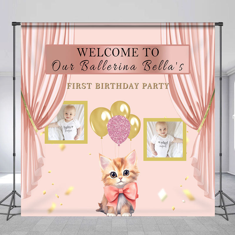 Aperturee - Charming Pink Curtain Cat Custom First Birthday Backdrop