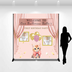 Aperturee - Charming Pink Curtain Cat Custom First Birthday Backdrop