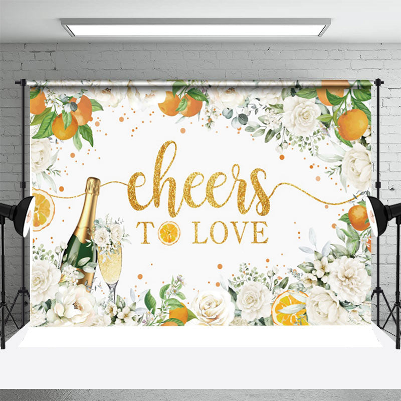 Aperturee - Cheers To Love Orange Floral Leaves Wedding Backdrop