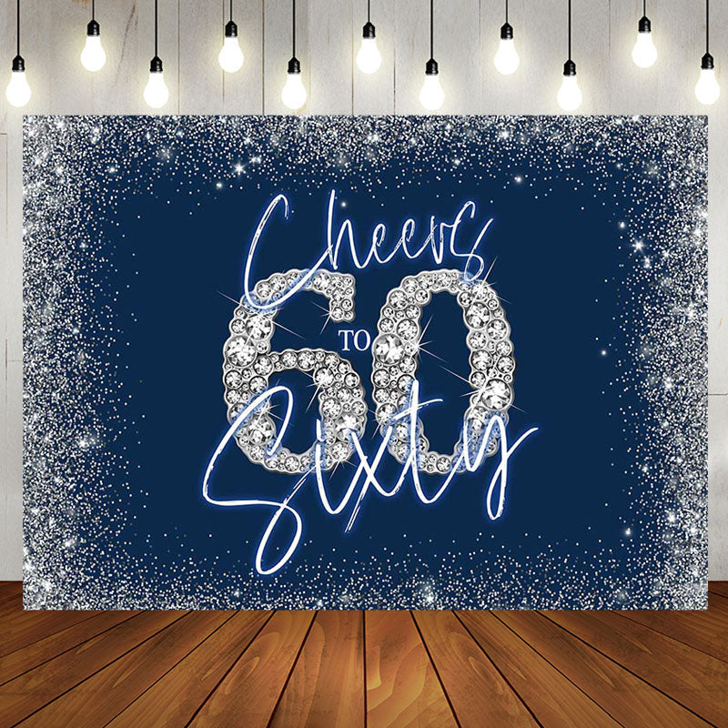 Aperturee - Cheers To Sixty Blue Silver 60th Birthday Backdrop