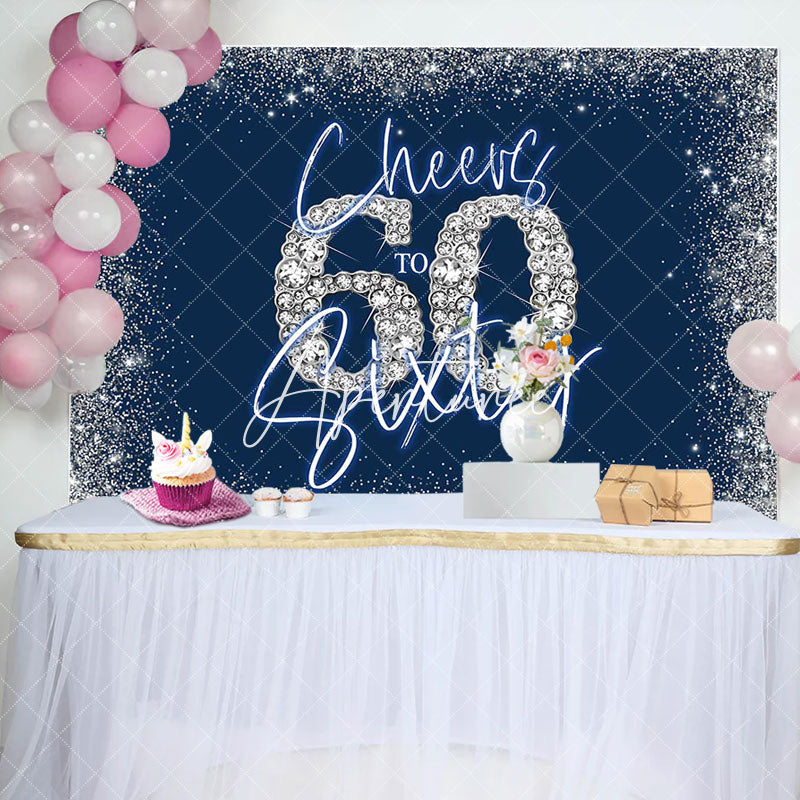 Aperturee - Cheers To Sixty Blue Silver 60th Birthday Backdrop