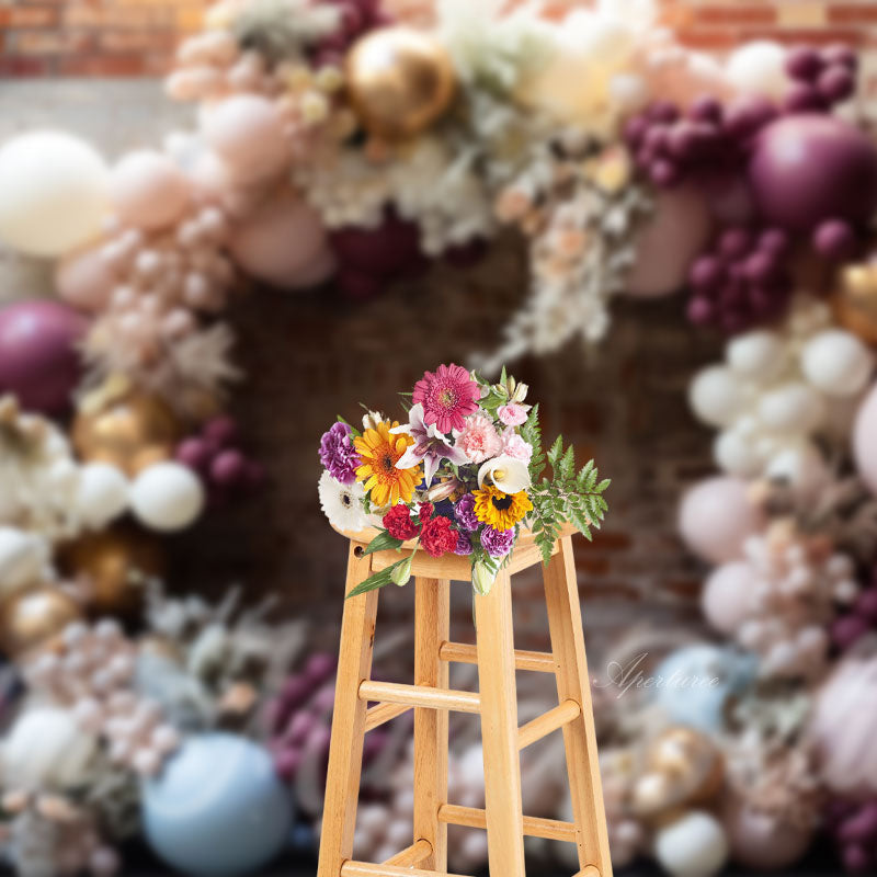 Aperturee - Chic Floral Balloons Arch Brick Retro Wall Backdrop