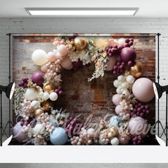 Aperturee - Chic Floral Balloons Arch Brick Retro Wall Backdrop