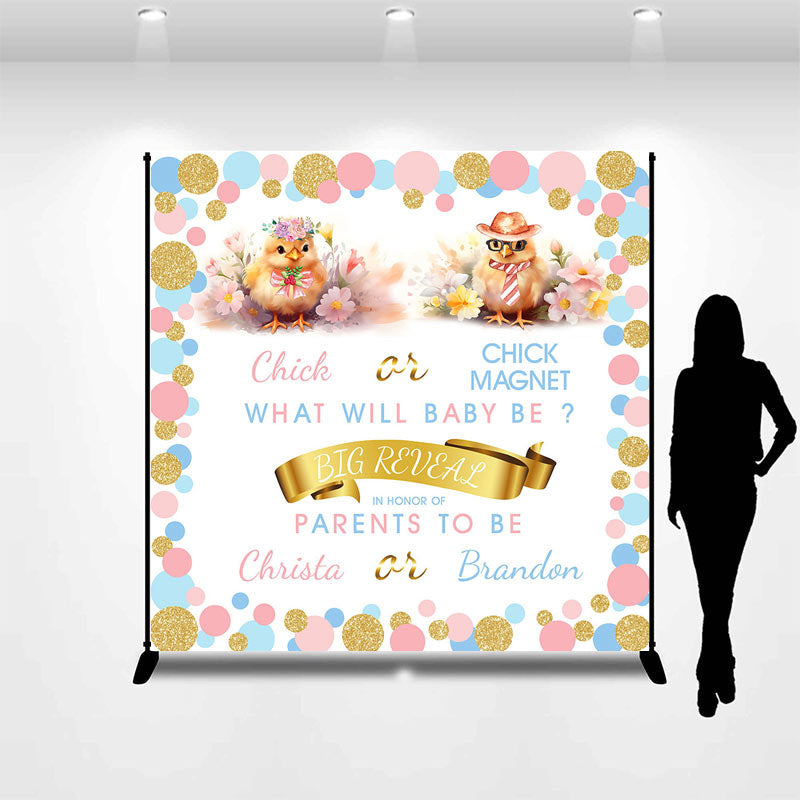 Aperturee - Chicken Blue Pink Gold Dots Custom Baby Shower Backdrop