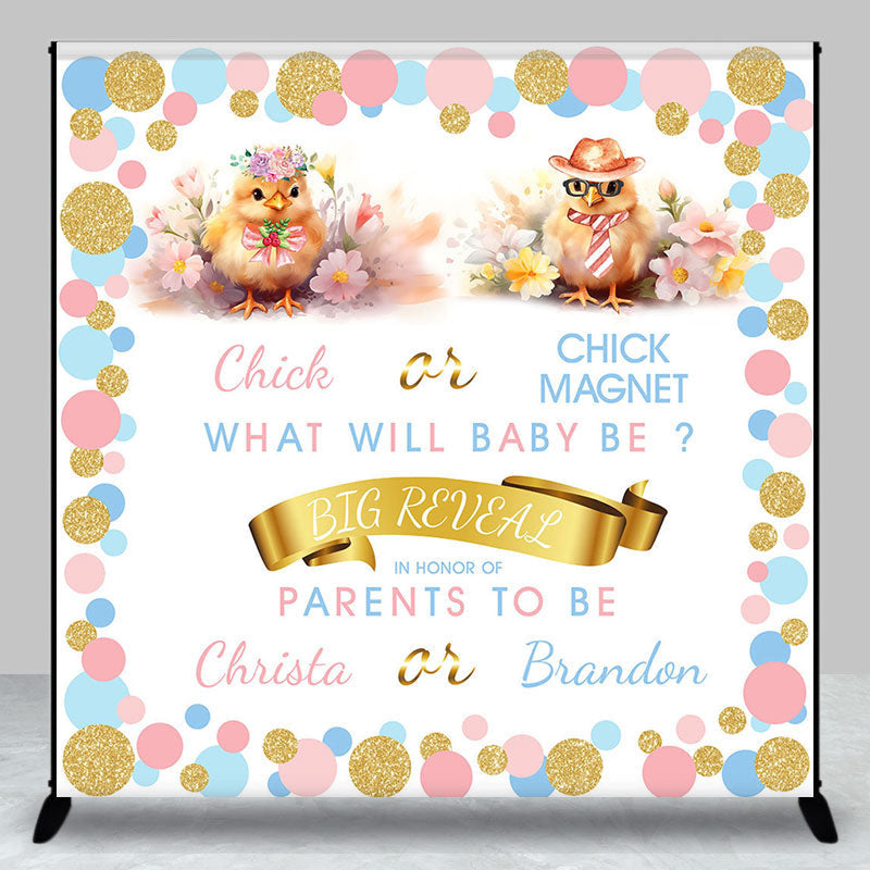 Aperturee - Chicken Blue Pink Gold Dots Custom Baby Shower Backdrop