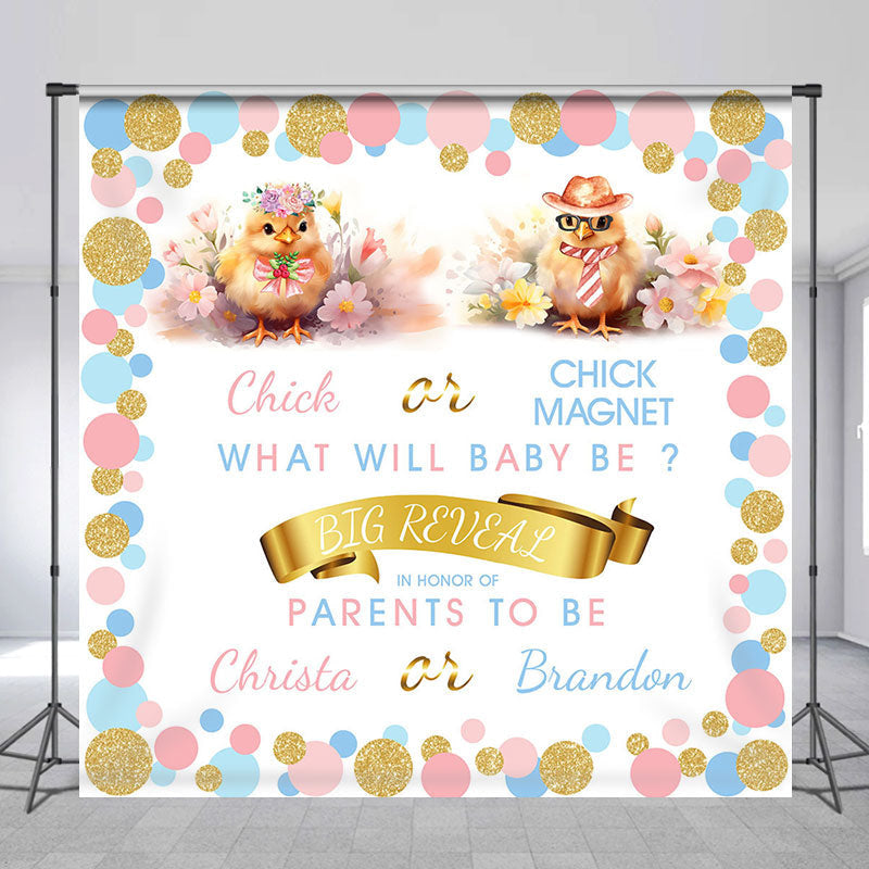 Aperturee - Chicken Blue Pink Gold Dots Custom Baby Shower Backdrop