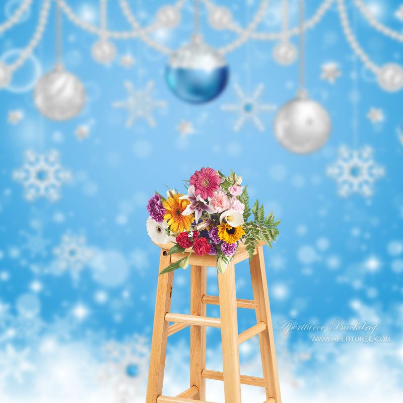 Aperturee - Christmas Ball Pearl Bokeh Snowflake Blue Backdrop