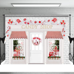 Aperturee - Christmas Candy Shop White Red Backdrop For Photo