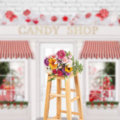 Aperturee - Christmas Candy Shop White Red Backdrop For Photo