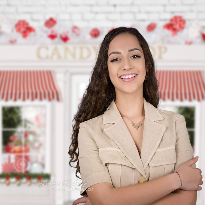 Aperturee - Christmas Candy Shop White Red Backdrop For Photo