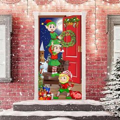 Aperturee - Christmas Elfs Night Moon Gifts Snowman Door Cover